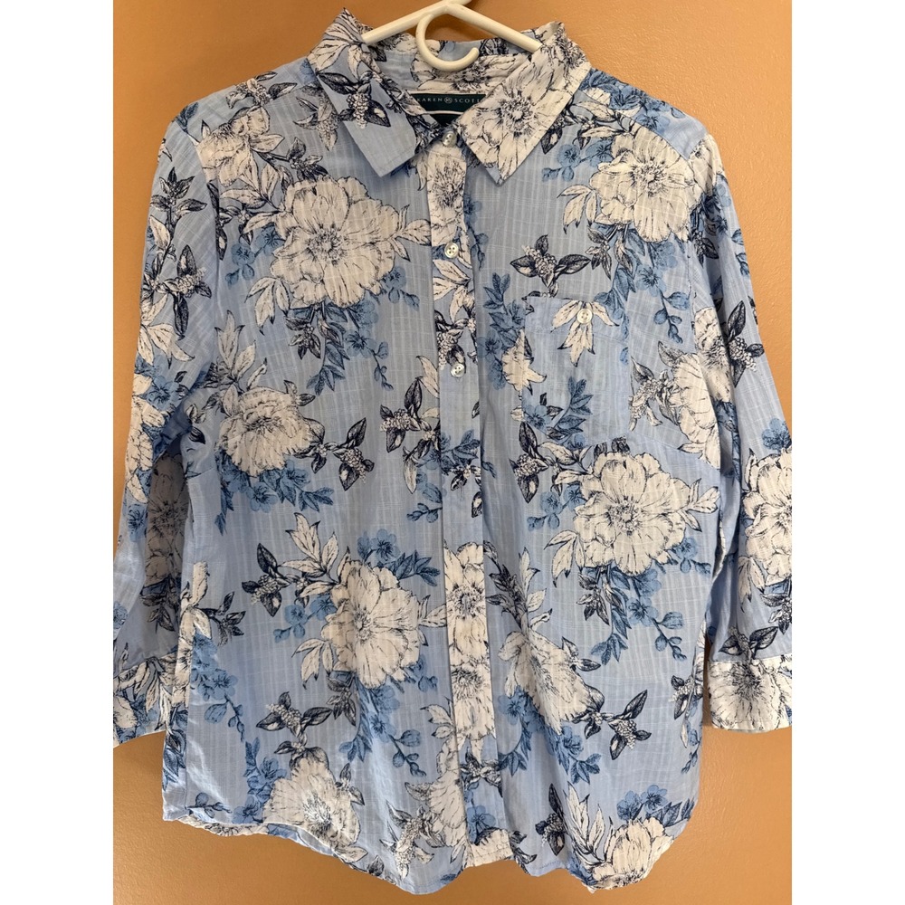 Karen Scott Mens Blue White Floral Cotton‎ Button Down Shirt Large Long Sleeve